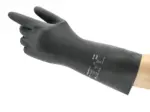 Ansell AlphaTec 29-500 schwarzer Chemikalienschutzhandschuh mit aufgedruckten Normen in Seitenansicht
