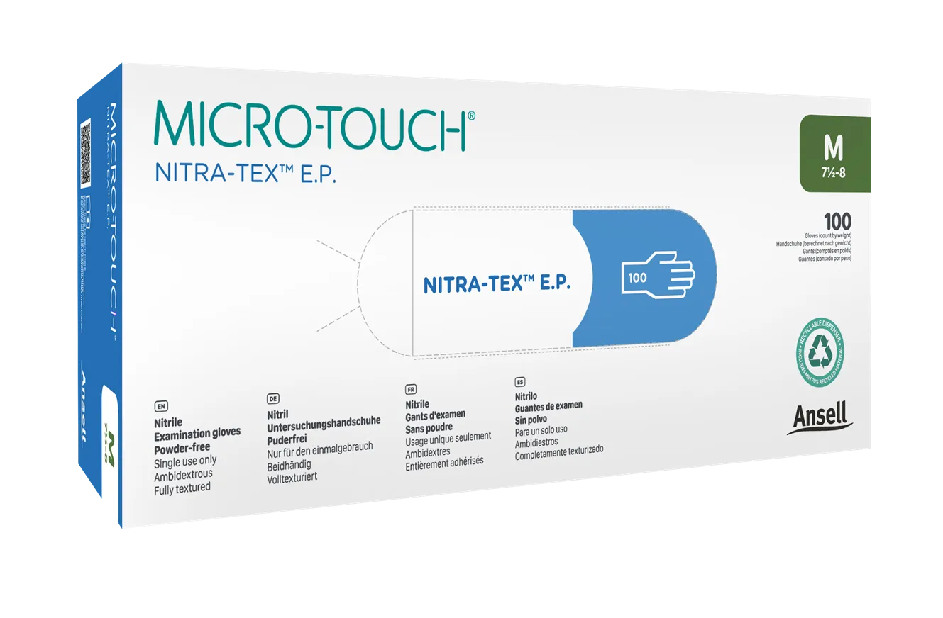 Ansell MICRO-TOUCH NITRA-TEX E.P. 100er Box 100er Spenderbox des blauen Ansell MICRO-TOUCH NITRA-TEX E.P. Nitril-Untersuchungshandschuhs