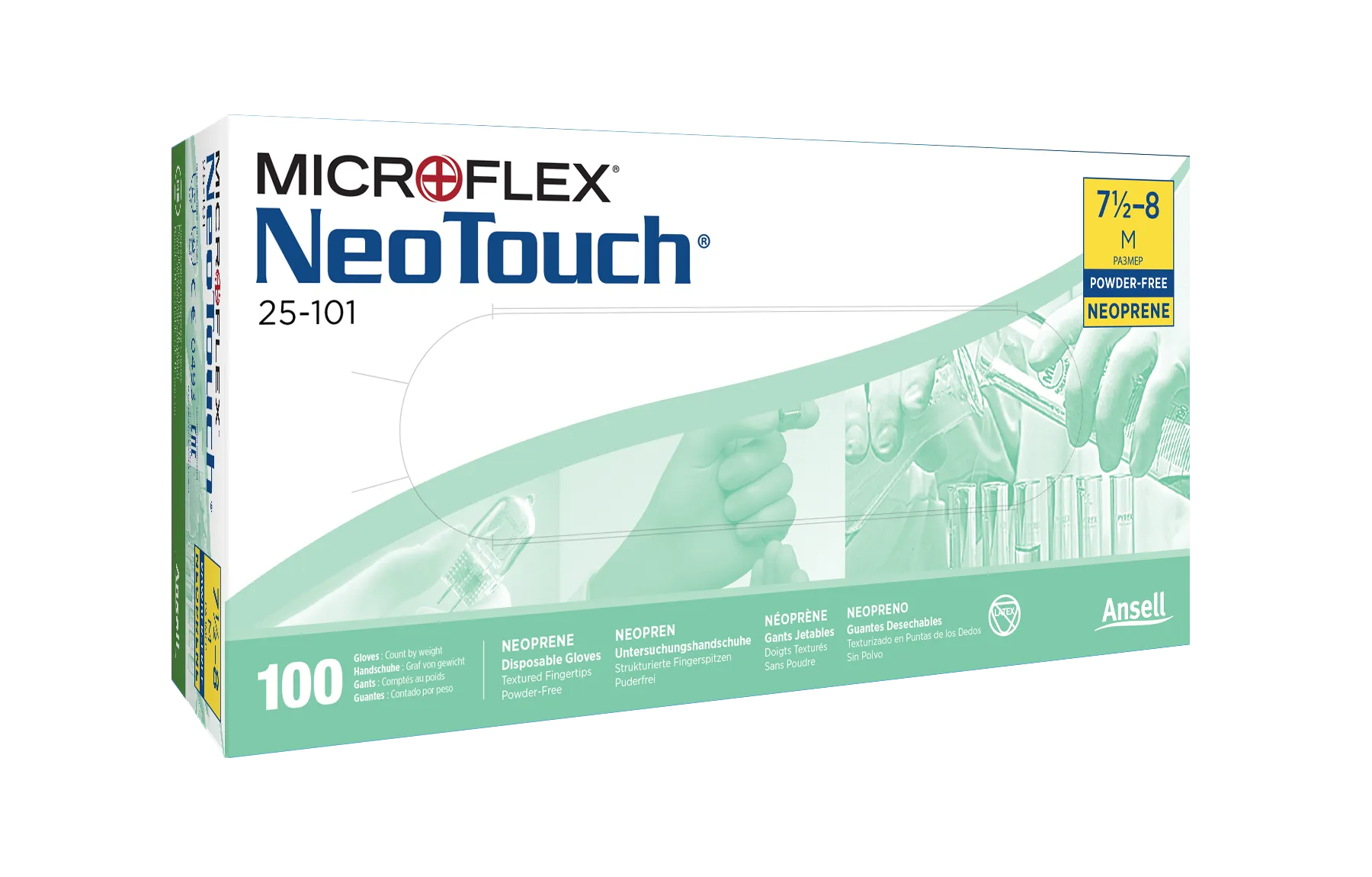 Ansell MICROFLEX NeoTouch 25-101 Neoprenhandschuh 100er Box Ansicht der 100er Spenderbox für Ansell MICROFLEX NeoTouch 25-101 Neopren-Untersuchungshandschuhe in Grün.