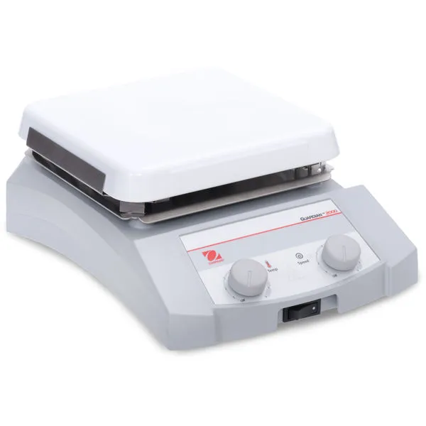 OHAUS Guardian 2000 Heizrührer E-G21HS07C OHAUS Guardian 2000 Heizmagnetrührer E-G21HS07C mit großer Aufstellfläche zum sicheren Erhitzen und Rühren im Labor.