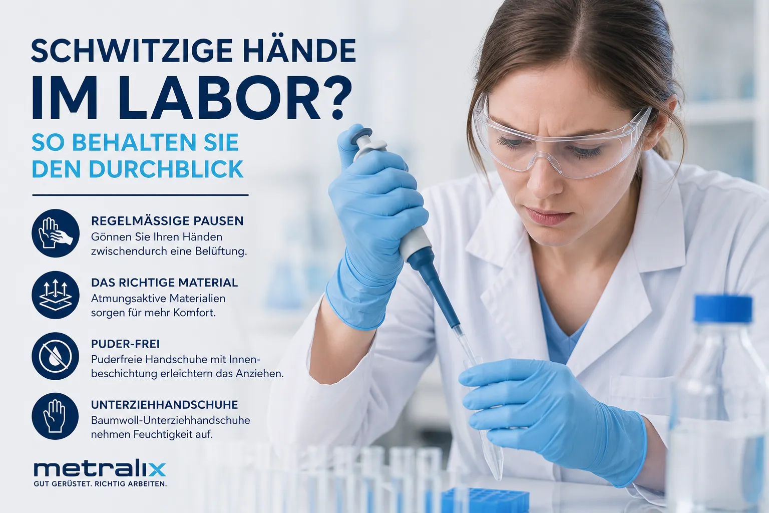 Metralix-Infografik mit hilfreichen Tipps gegen schwitzige Hände im Labor, wie atmungsaktiven Handschuhen und Pausen.