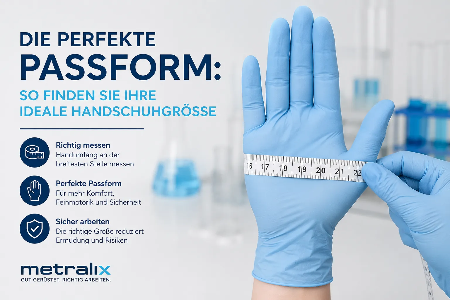 Metralix Infografik zur Bestimmung der idealen Handschuhgröße im Labor durch Messung des Handumfangs für optimale Passform.