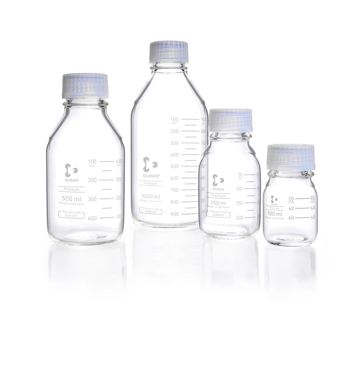 DURAN Premium Laborflaschen Sortiment GL 45 Sortiment verschiedener DURAN Premium Laborflaschen GL 45 aus Borosilikatglas 3.3 mit doppelter Skala und PFA-Verschluss.