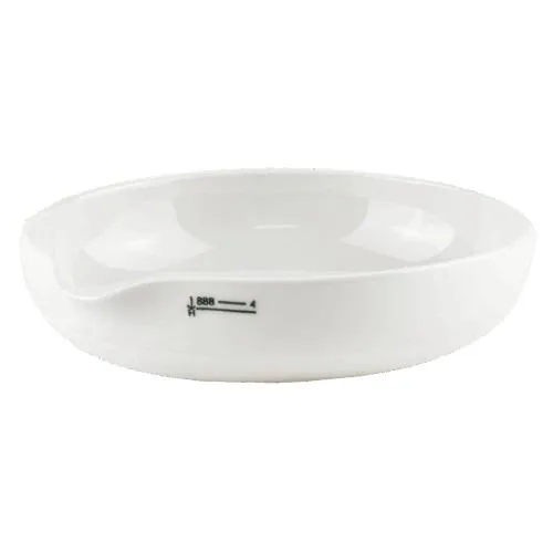 Hecht Abdampfschale Porzellan flache Form Ausguss DIN 12903 Flache Hecht Abdampfschale aus glasiertem Porzellan mit Ausguss nach DIN 12903 für Abdampf- und Kristallisationsprozesse im Labor.