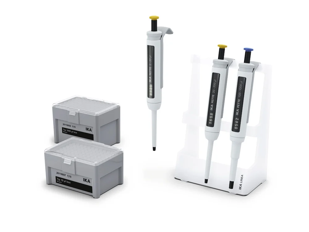 IKA PETTE Classic Kit Starterkit ISO 8655 IKA PETTE Classic Kit Starterkit mit 3 variablen mechanischen Einkanalpipetten, Ständer und Spitzenboxen nach ISO 8655.