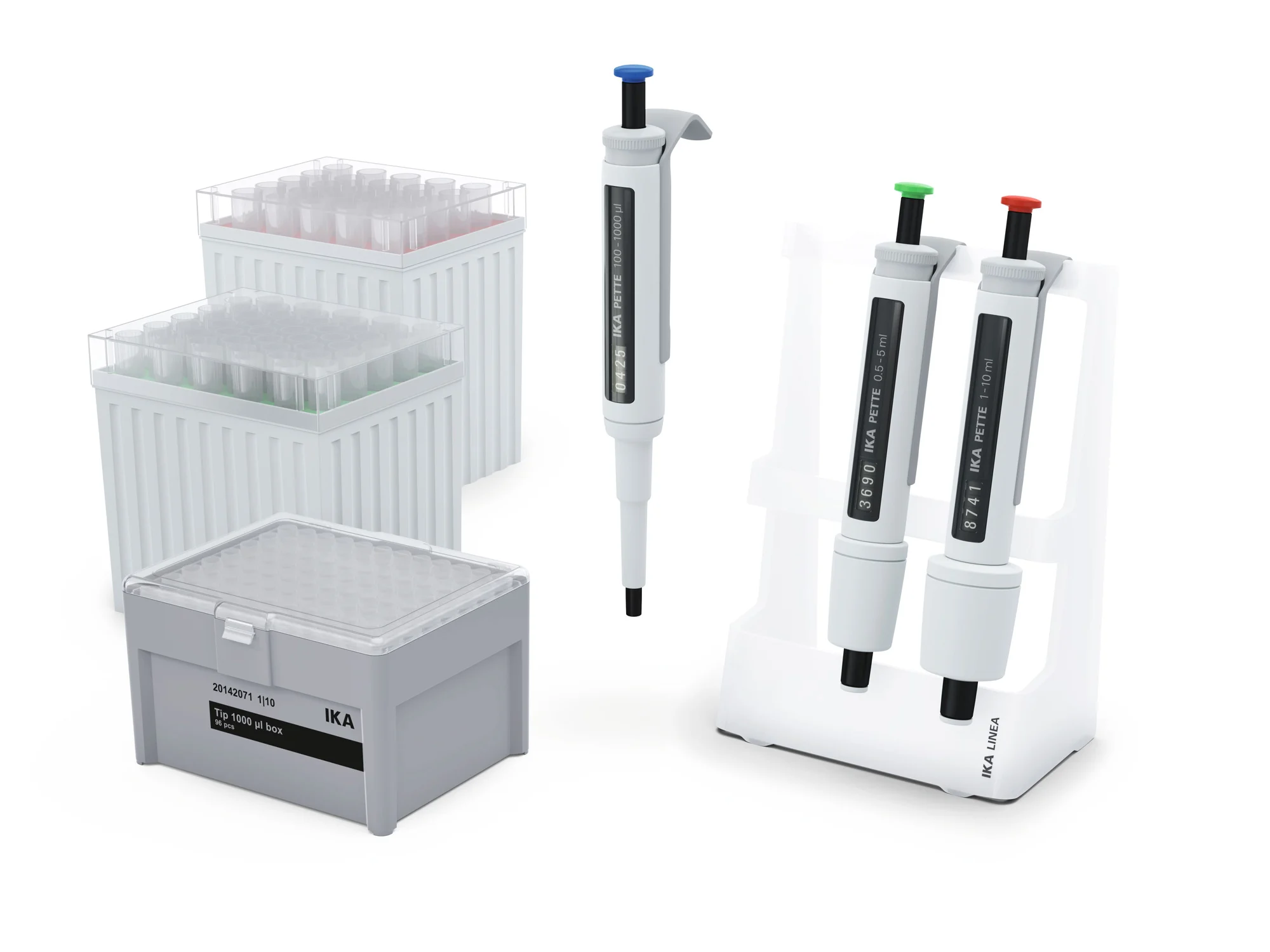 IKA PETTE MacroKit Starterkit ISO 8655 IKA PETTE MacroKit Starterkit mit 3 variablen mechanischen Einkanalpipetten, Ständer und Spitzenboxen nach ISO 8655.