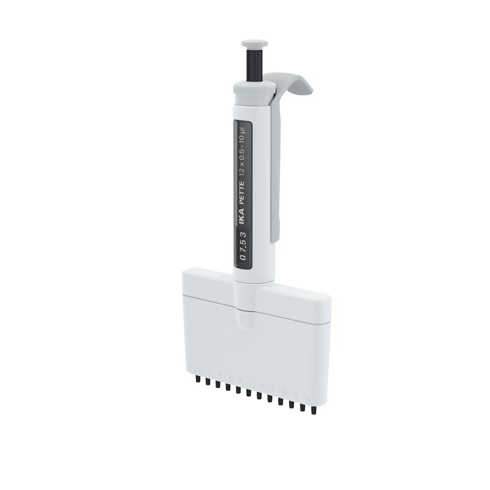 IKA PETTE multi 12-Kanal 0,5-10 µl ISO 8655 IKA PETTE multi mechanische 12-Kanal-Pipette 0,5–10 µl mit DLC-beschichtetem Edelstahl-Kolben nach ISO 8655.