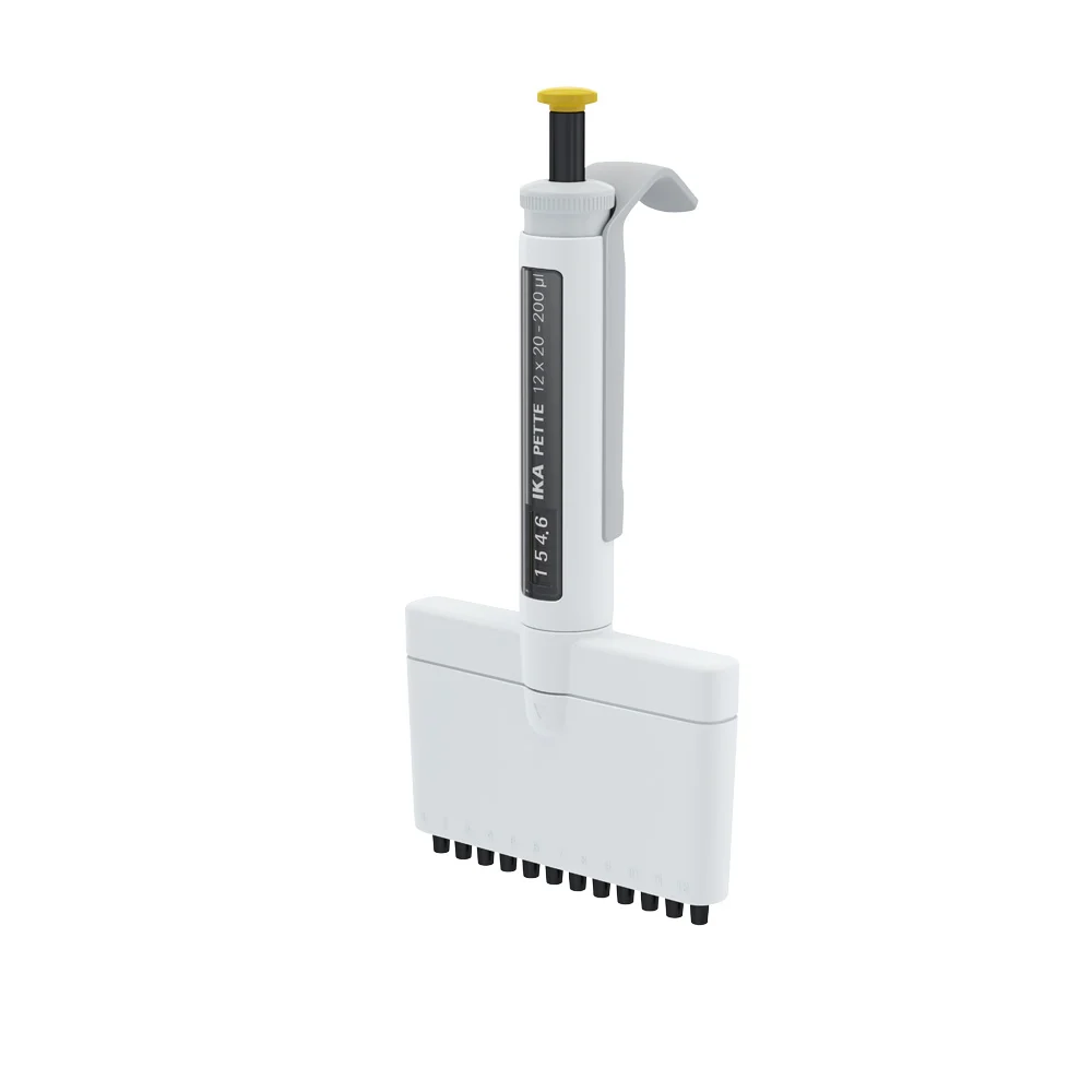 IKA PETTE multi 12-Kanal 20-200 µl ISO 8655 IKA PETTE multi mechanische 12-Kanal-Pipette 20–200 µl mit DLC-beschichtetem Edelstahl-Kolben nach ISO 8655.