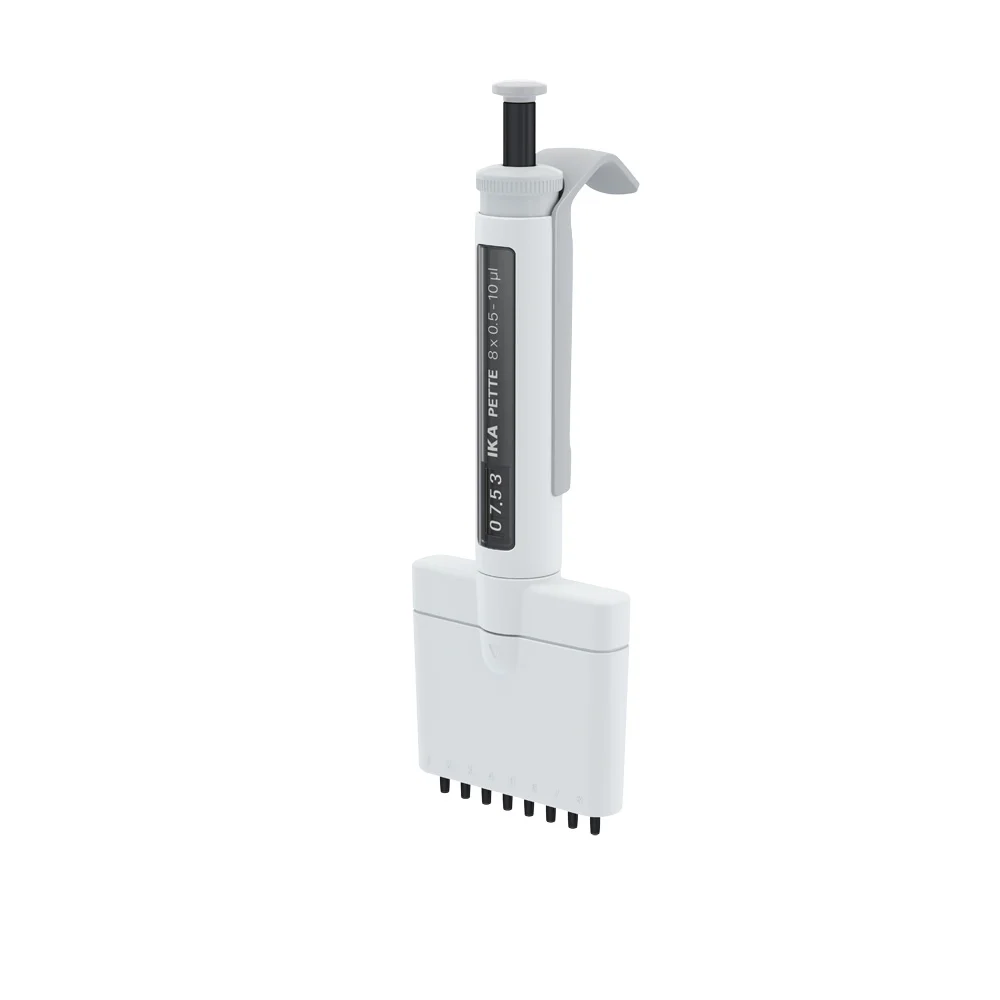 IKA PETTE multi 8-Kanal 0,5-10 µl ISO 8655 IKA PETTE multi mechanische 8-Kanal-Pipette 0,5–10 µl mit DLC-beschichtetem Edelstahl-Kolben nach ISO 8655.