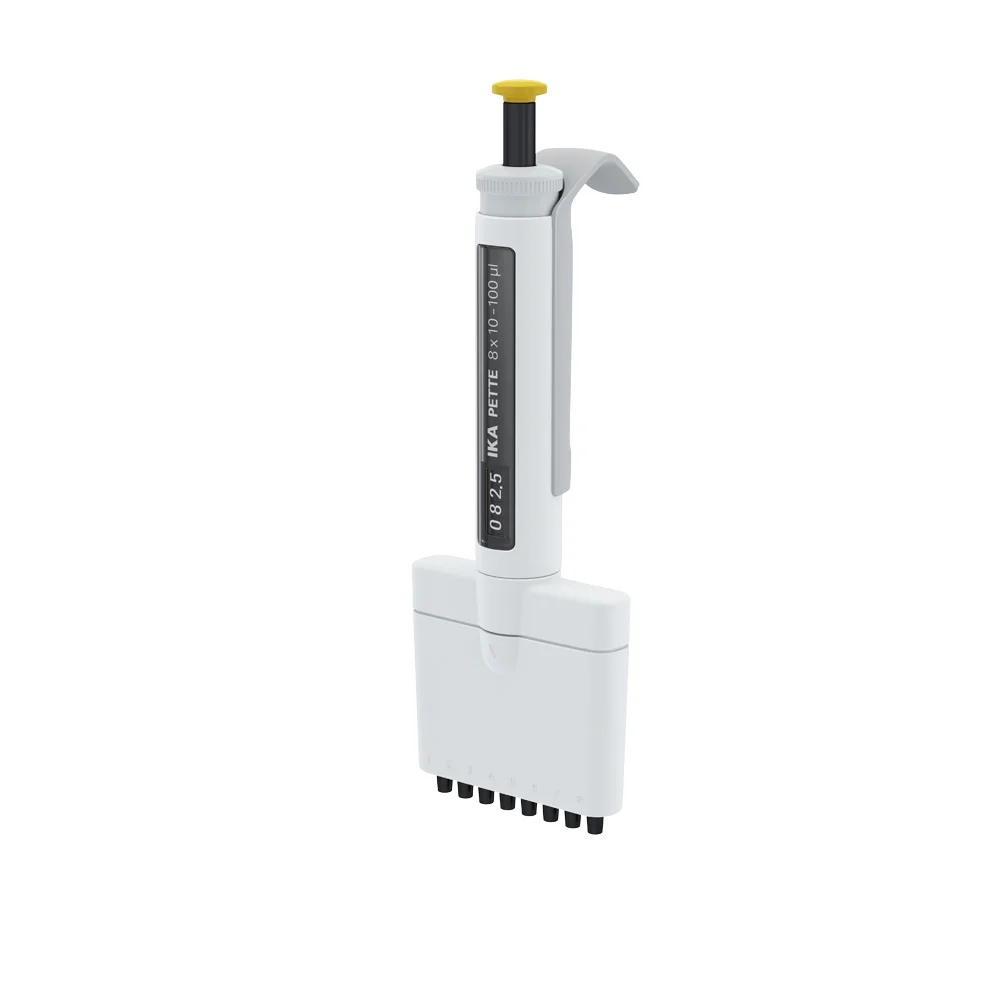 IKA PETTE multi 8-Kanal 10-100 µl ISO 8655 IKA PETTE multi mechanische 8-Kanal-Pipette 10–100 µl mit DLC-beschichtetem Edelstahl-Kolben nach ISO 8655.