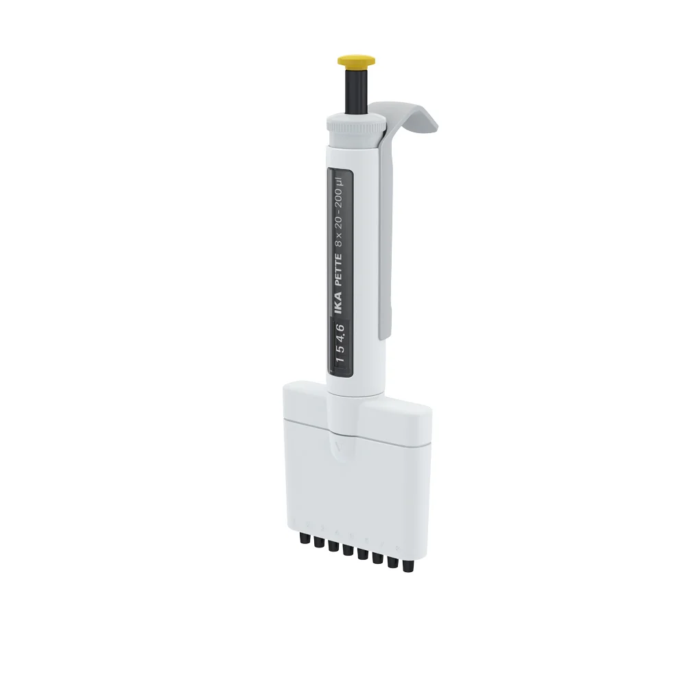 IKA PETTE multi 8-Kanal 20-200 µl ISO 8655 IKA PETTE multi mechanische 8-Kanal-Pipette 20–200 µl mit DLC-beschichtetem Edelstahl-Kolben nach ISO 8655.