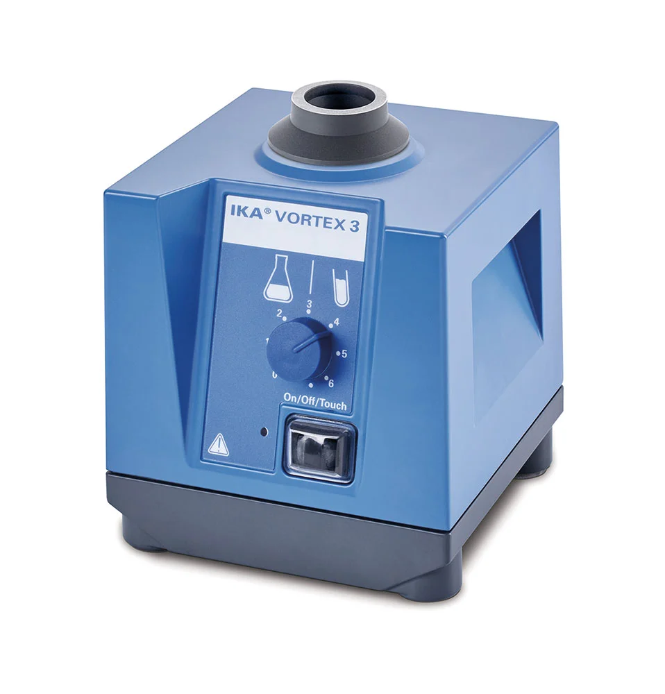 IKA VORTEX 3 - Vortexschüttler Gesamtansicht des IKA VORTEX 3 Vortexschüttlers mit Drehregler und standfester Basis im Labor.