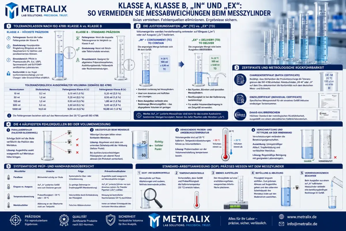 Infografik von Metralix zu Messabweichungen beim Messzylinder: Übersicht zu Toleranzklassen, In-/Ex-Justierung und Vermeidung von Ablesefehlern.