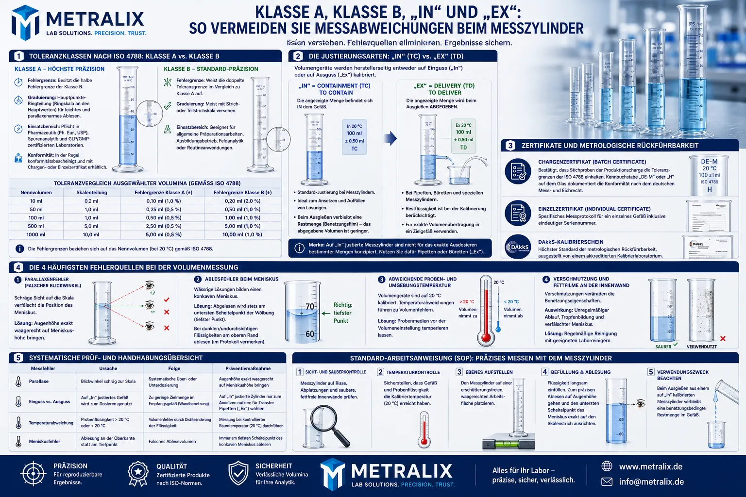 Infografik von Metralix zu Messabweichungen beim Messzylinder: Übersicht zu Toleranzklassen, In-/Ex-Justierung und Vermeidung von Ablesefehlern.