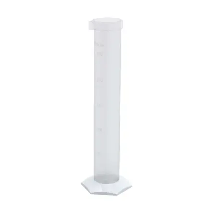 Ganzansicht eines BOLA PTFE/TFM Messzylinders mit Sechskantfuß, Ausguss und Skalierung für den Laborbedarf.