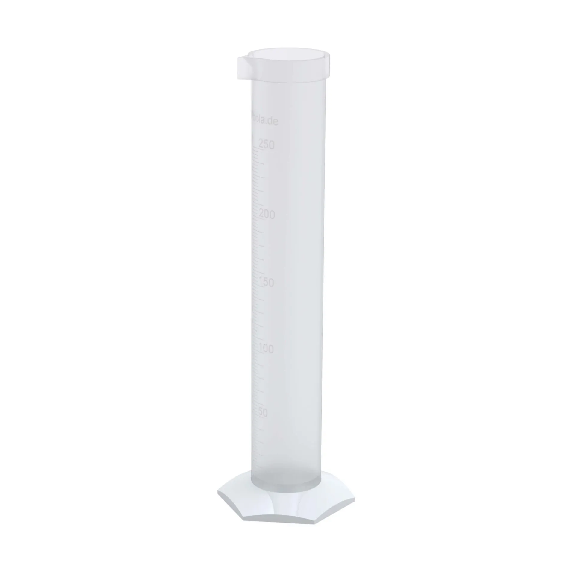 BOLA PTFE Messzylinder mit Sechskantfuß und Skala Ganzansicht eines BOLA PTFE/TFM Messzylinders mit Sechskantfuß, Ausguss und Skalierung für den Laborbedarf.