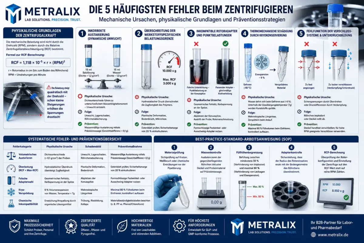 Infografik von Metralix zu den 5 häufigsten Fehlern beim Zentrifugieren: Übersicht mechanischer Ursachen, physikalischer Grundlagen und Präventionsstrategien.