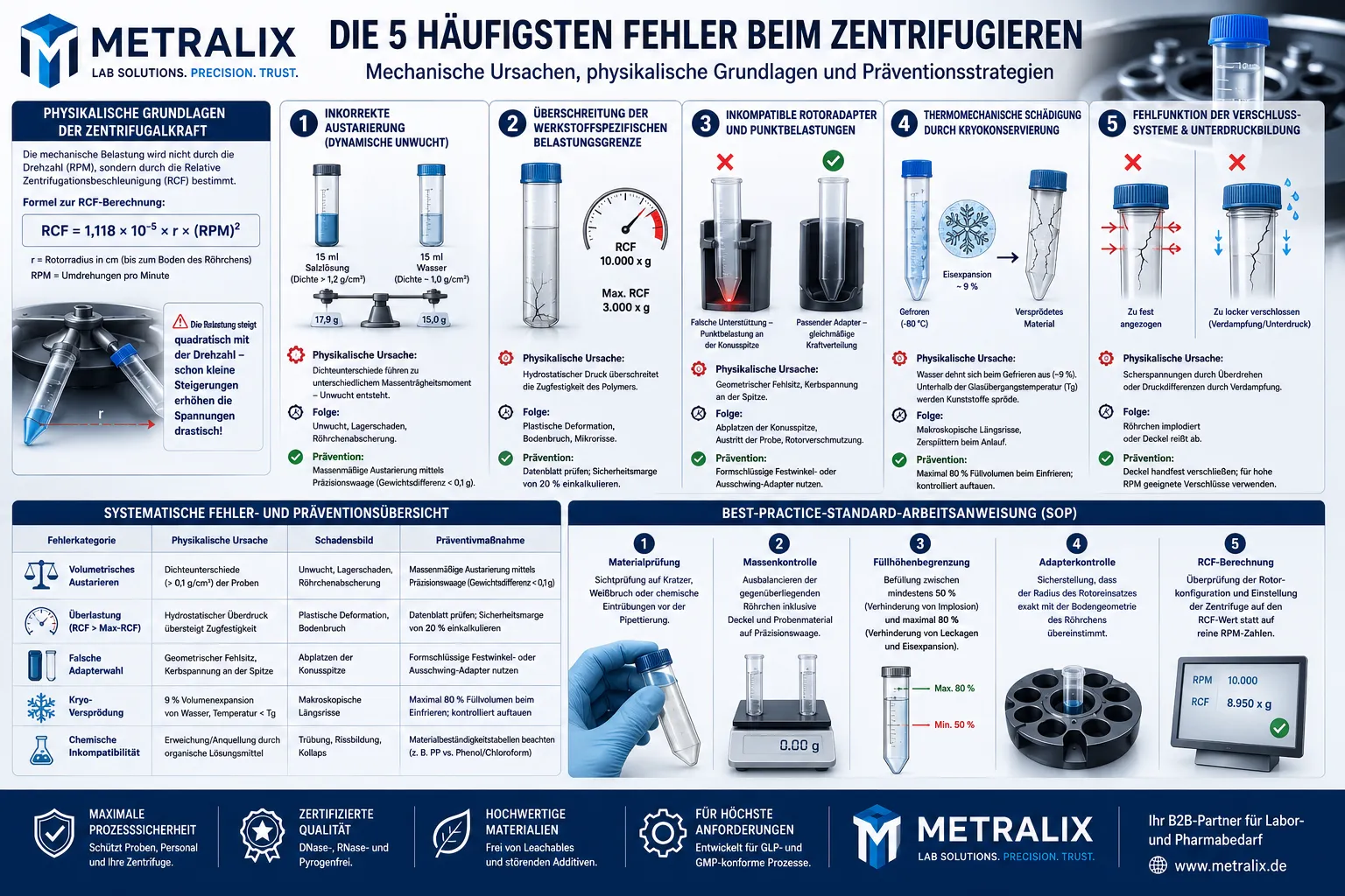 Infografik von Metralix zu den 5 häufigsten Fehlern beim Zentrifugieren: Übersicht mechanischer Ursachen, physikalischer Grundlagen und Präventionsstrategien.