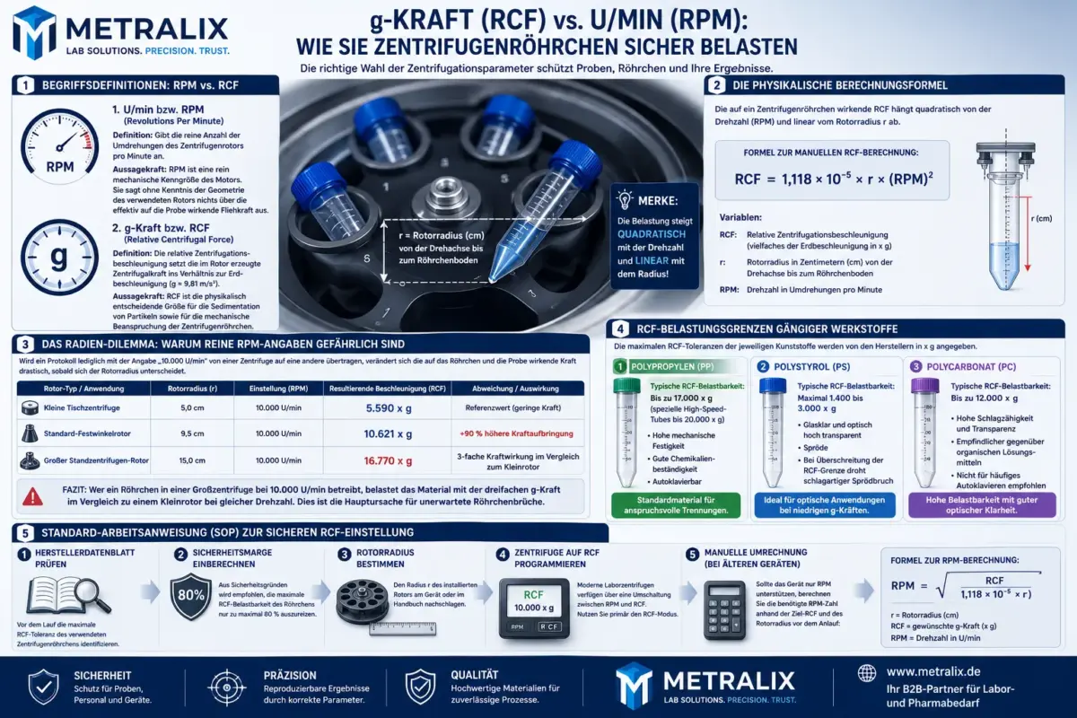 Infografik von Metralix zu g-Kraft (RCF) versus U/min (RPM): Leitfaden für die sichere Zentrifugation von Röhrchen, Werkstoffgrenzen und Berechnungsformel.