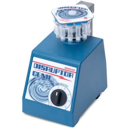 Gesamtansicht des blauen OHAUS Cell Disruptor Genie (D2 / SI-D258EU) mit Röhrchenhalter für den Zellaufschluss im Labor.