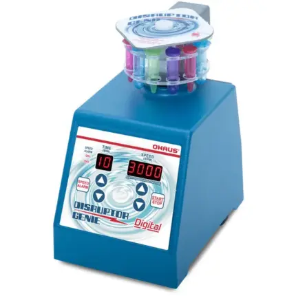 Digitaler OHAUS Cell Disruptor Genie (D2D / SI-DD58EU) mit LED-Anzeige und Probenhalter für effizienten Zellaufschluss.