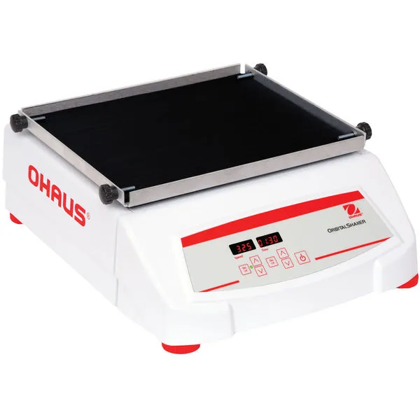 OHAUS Heavy Duty SHHD1619DG-EU Orbitalschüttler Gesamtansicht des OHAUS Heavy Duty SHHD1619DG-EU Orbitalschüttlers mit digitalem Display und Plattform im Labor.