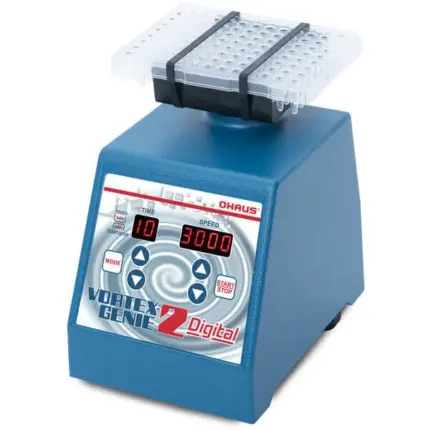 Digitaler OHAUS Vortex-Genie 2 Digital (V2A / SI-A556EU) Vortexmischer mit LED-Anzeige und Probenaufsatz im Labor.