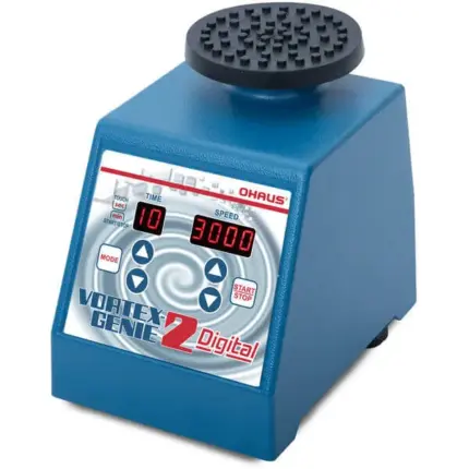 Digitaler OHAUS Vortex-Genie 2 Digital (V2D / SI-A256EU) Vortexmischer mit LED-Anzeige und Standard-Aufsatz im Labor.
