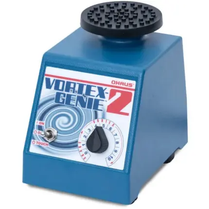 Gesamtansicht des blauen OHAUS Vortex-Genie 2 (V2 / SI-0256EU) Vortexmischers mit Drehregler und Aufsatz für das Labor.
