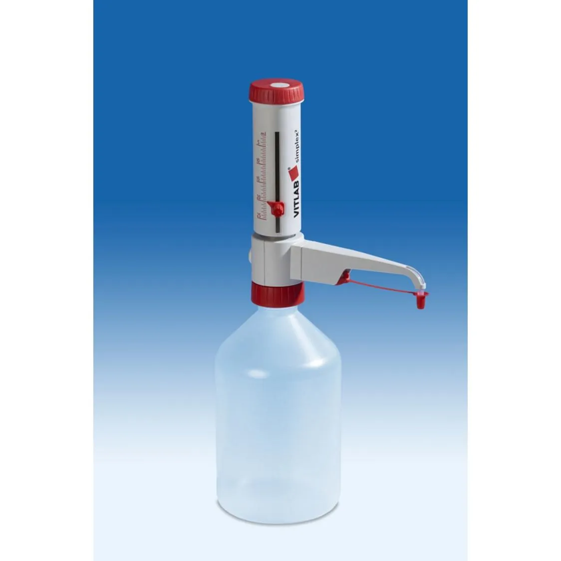 VITLAB simplex Flaschenaufsatz-Dispenser, GL 45, komplett autoklavierbar bei 121 °C, DIN EN ISO 8655 VITLAB simplex Flaschenaufsatz-Dispenser mit variablem Volumen und GL 45 Anschluss, autoklavierbar nach DIN EN ISO 8655.