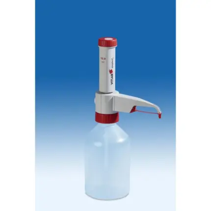 VITLAB simplex fix Flaschenaufsatz-Dispenser mit Festvolumen und GL 45 Anschluss, komplett autoklavierbar nach DIN EN ISO 8655.