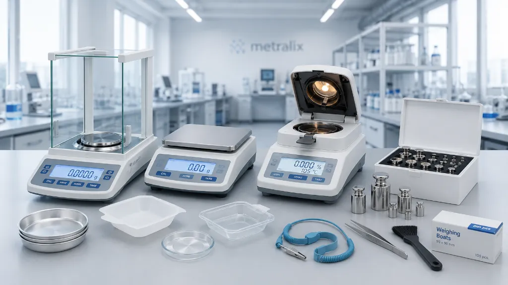 Umfangreiches Sortiment an Labor-Präzisionswaagen, Prüfgewichten und Wägezubehör für die professionelle Wiegetechnik bei Metralix.