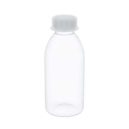 Transparente BOLA PFA Weithalsflasche in hoher Form mit Sägegewinde und Schraubverschluss für höchste chemische Beständigkeit.