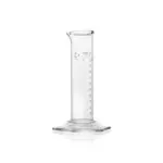 Einzelner DURAN SUPER DUTY Messzylinder niedrige Form Klasse B (100 ml) aus robustem Borosilikatglas 3.3 mit Sechskantfuß, Ausguss und Graduierung für den Laboralltag.