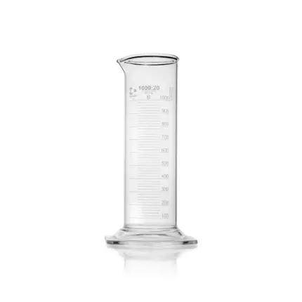 Einzelner DURAN SUPER DUTY Messzylinder niedrige Form Klasse B (1000 ml) aus robustem Borosilikatglas 3.3 mit Sechskantfuß, Ausguss und Graduierung für den Laboralltag.