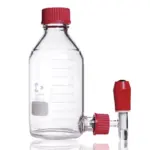 DURAN Aspiratorflasche mit GL 45 Gewindehals und GL 32 Gewinde-Tubus mit rotem Schraubverschluss und Ablasshahn.