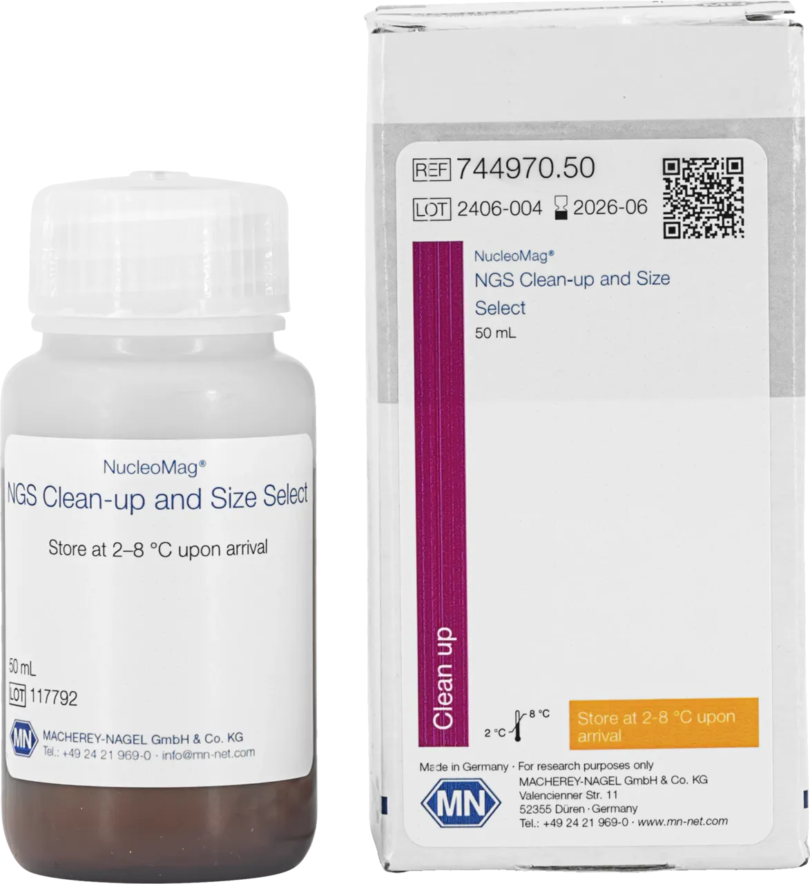 MACHEREY-NAGEL NucleoMag NGS Clean-up 50 ml Produktset MACHEREY-NAGEL NucleoMag NGS Clean-up and Size Select 50 ml Karton und Flasche REF 744970.50