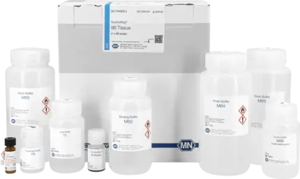 MACHEREY-NAGEL NucleoMag 96 Tissue Kit Lieferumfang Karton und Reagenzflaschen