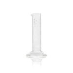 Einzelner DURAN Messzylinder niedrige Form Klasse B (25 ml) aus Borosilikatglas 3.3 mit Sechskantfuß, Ausguss und weißer Skala für Laboranwendungen.