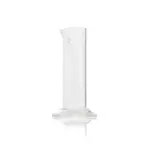 Einzelner DURAN Messzylinder niedrige Form Klasse B (250 ml) aus Borosilikatglas 3.3 mit Sechskantfuß, Ausguss und weißer Skala für Laboranwendungen.
