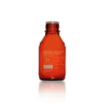 500 ml DURAN PURE Laborflasche aus bernsteinfarbenem Borosilikatglas mit DIN-Gewinde, Schutzabdeckung und Skala für den Laborbedarf.