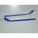 Detektierbarer, blauer Bürkle SteriPlast Probenlöffel mit langem Griff, einmal steril verpackt und einmal ausgepackt.