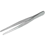Freigestellte Bürkle Edelstahl-Pinzette (105 mm) in gerader Form mit stumpfen Enden für präzise Laborarbeiten.