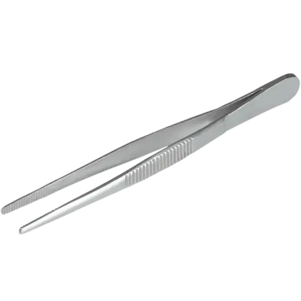 Freigestellte Bürkle Edelstahl-Pinzette (105 mm) in gerader Form mit stumpfen Enden für präzise Laborarbeiten.