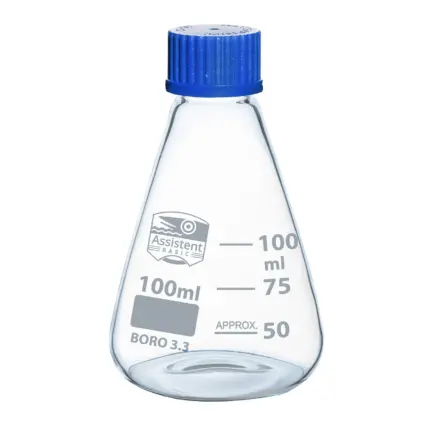 Assistent-Basic Erlenmeyerkolben mit blauem PP-Schraubdeckel aus Borosilikatglas 3.3