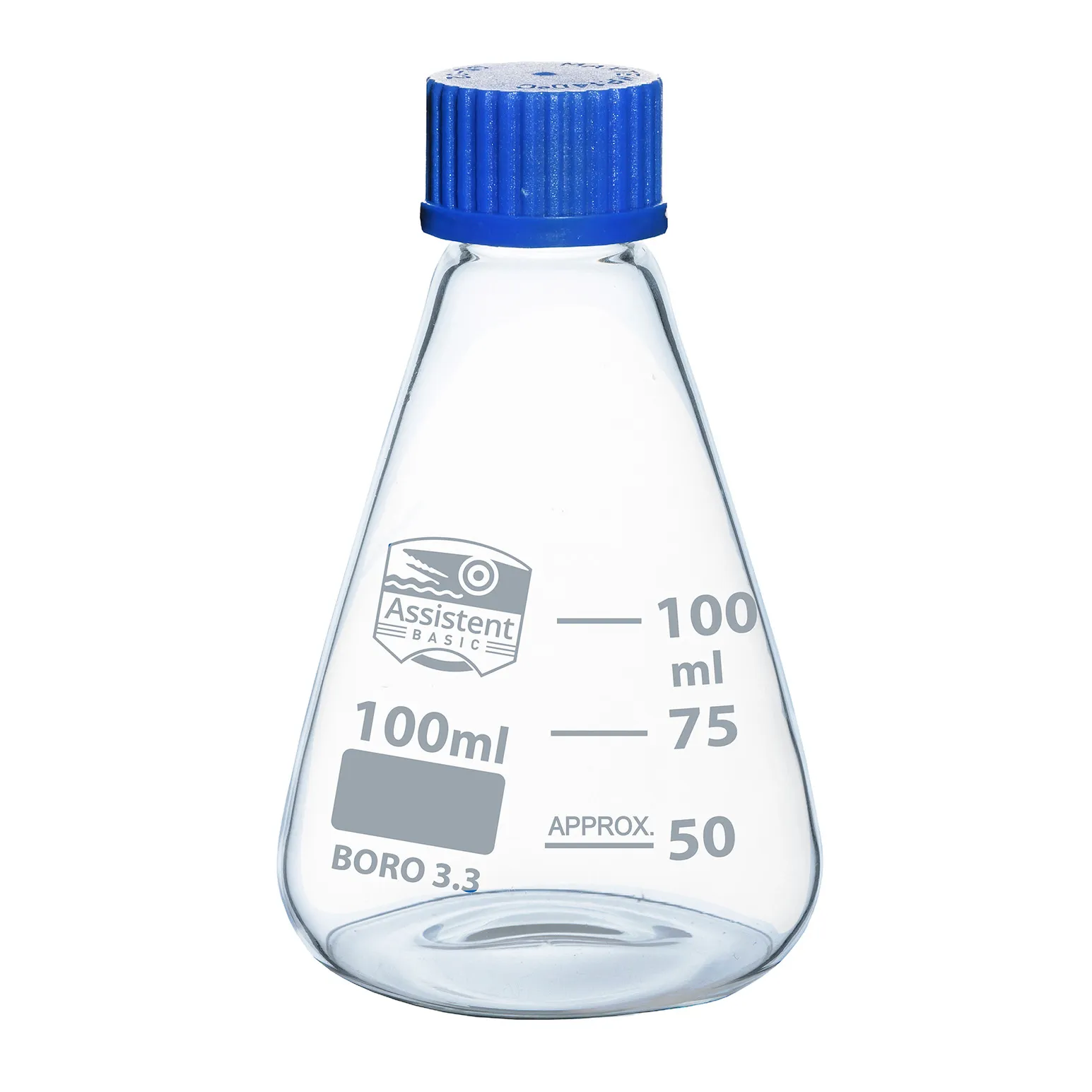 Assistent-Basic Erlenmeyerkolben Schraubdeckel Borosilikatglas 3.3 PP-Kappe Assistent-Basic Erlenmeyerkolben mit blauem PP-Schraubdeckel aus Borosilikatglas 3.3