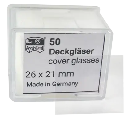 Packung Assistent Deckgläser 26x21 mm aus Borosilikatglas D 263 M (Stärke 1) für mikroskopische Untersuchungen im Labor.