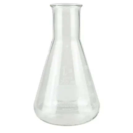 Freigestellter Assistent Erlenmeyerkolben (250 ml) aus DURAN Borosilikatglas 3.3 mit Enghals und Skalierung für Laboranwendungen.