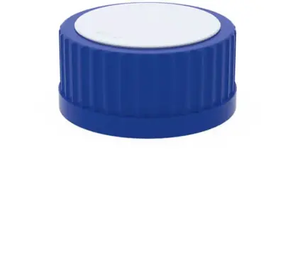 Blaue BOLA Verschlusskappe High Chem aus PP für GLS 80 Gewinde in Schrägansicht mit weißer PTFE-Dichtung