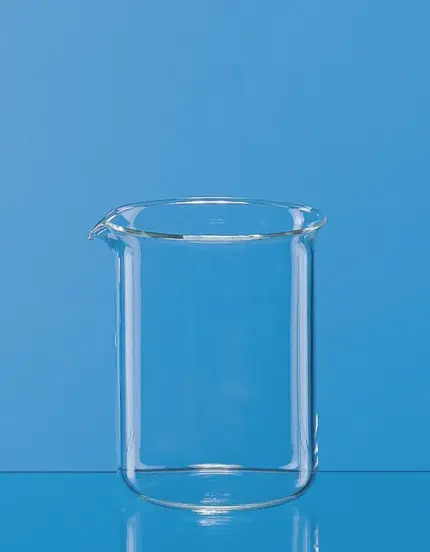 Einzelner BRAND Becher in niedriger Form aus Borosilikatglas 3.3, ungraduiert mit Ausguss für Laboranwendungen.